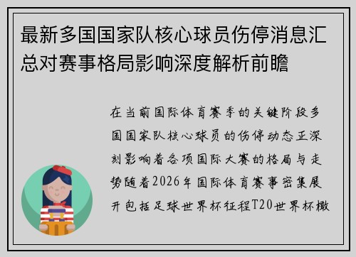 最新多国国家队核心球员伤停消息汇总对赛事格局影响深度解析前瞻
